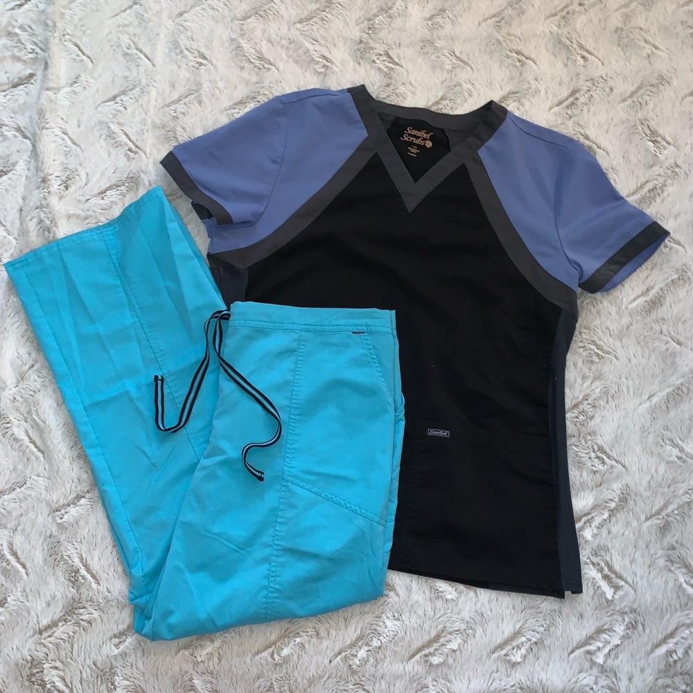 Black and Periwinkle V-Neck Scrub Top + Pants